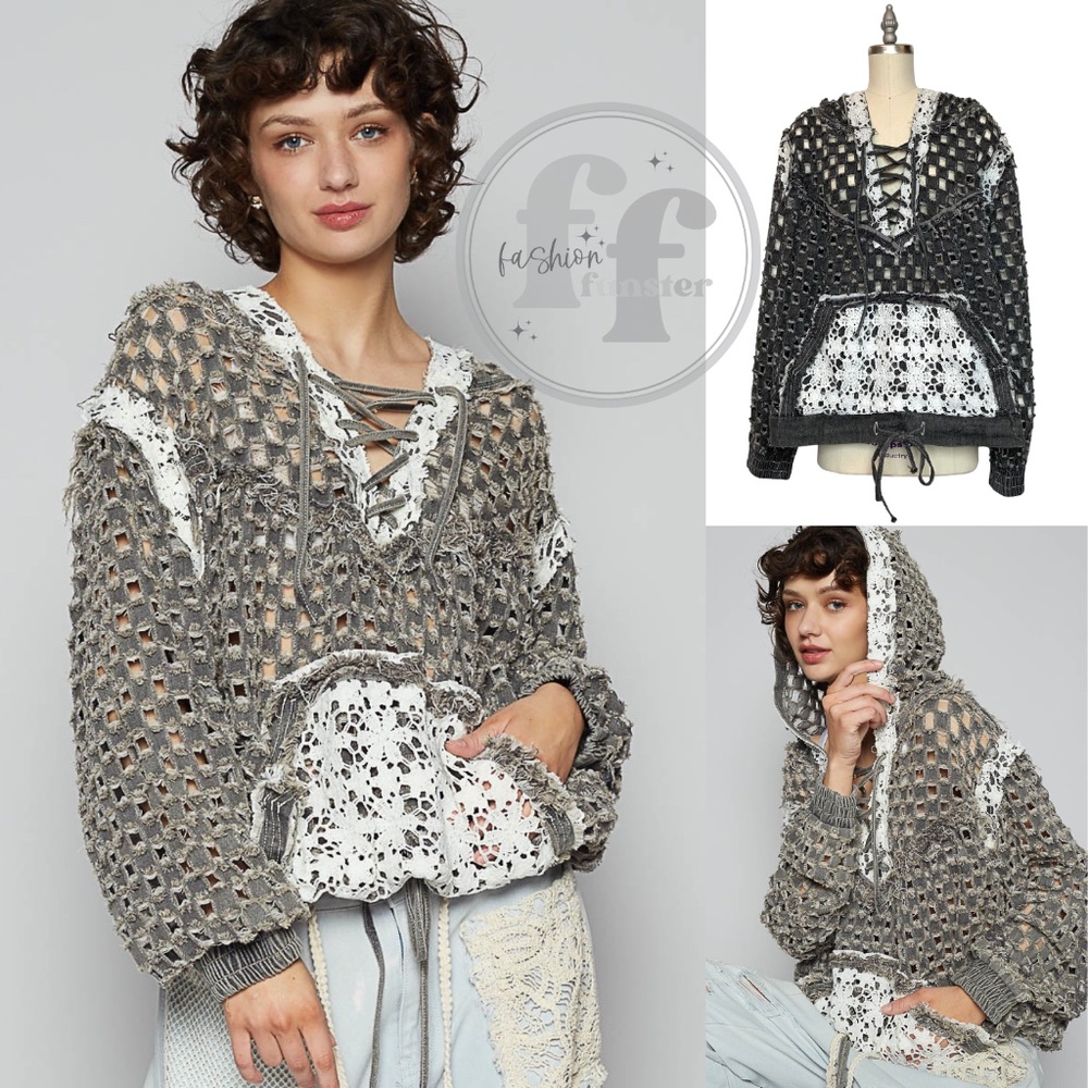POL Black Laser Cut Openwork Crochet Lace Up Hoodie Top